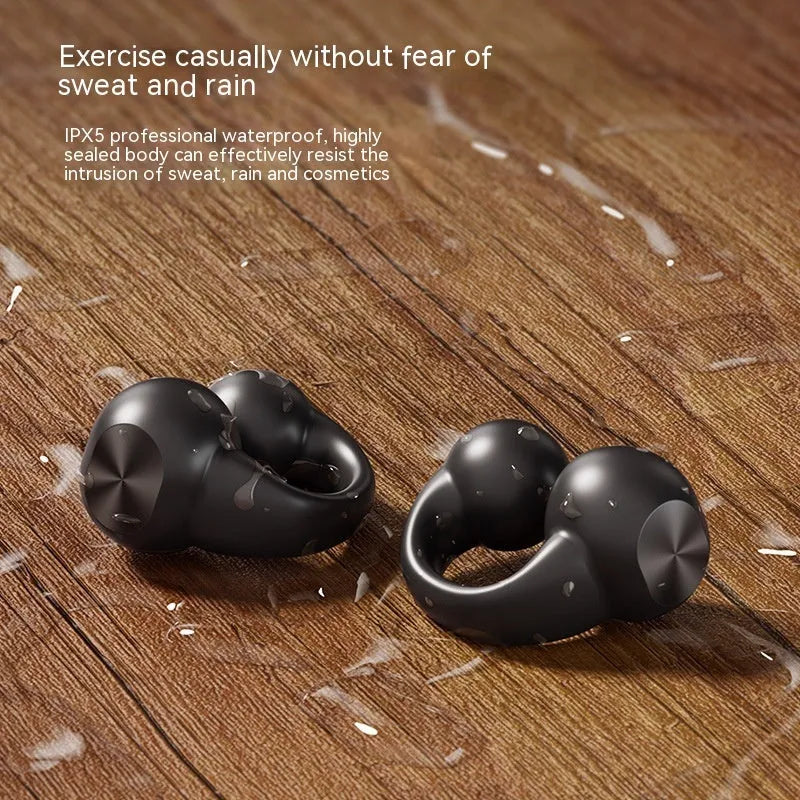 Clip-on sports wireless Bluetooth headset with digital display, black colour, worn on ear
