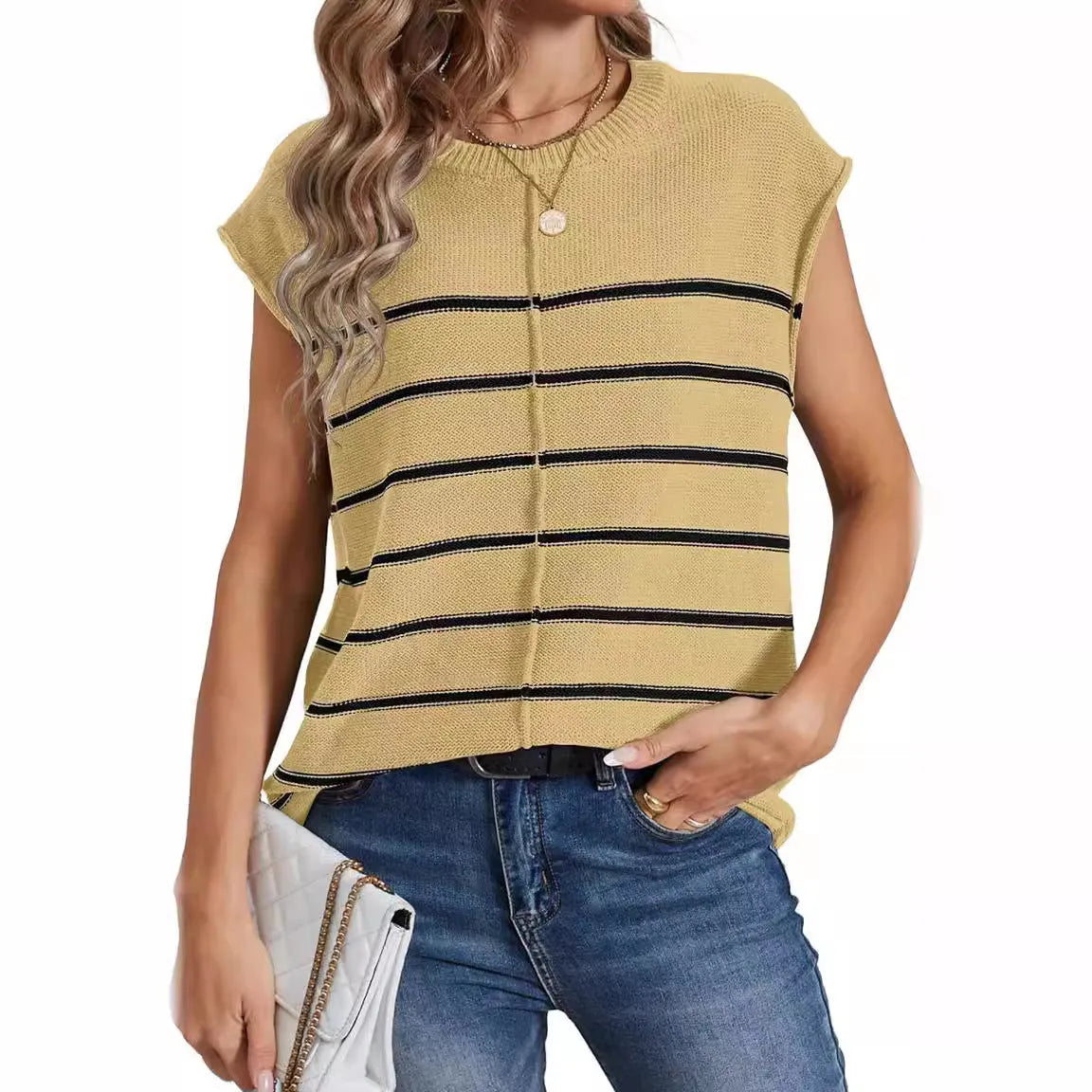 Women's striped sleeveless pullover top in acrylic fabric with bone stitching detail