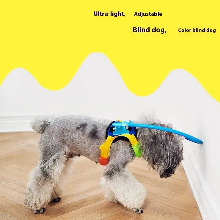 A blue adjustable anti-collision ring for dogs, shown in various sizes.