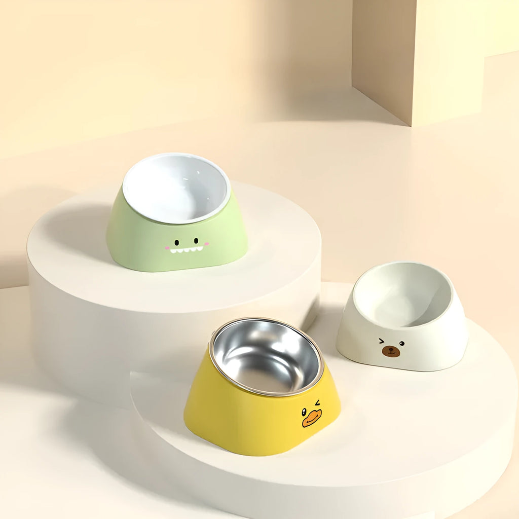 15-degree tilted stainless steel cat bowl with green PP base for cervical support during pet feeding