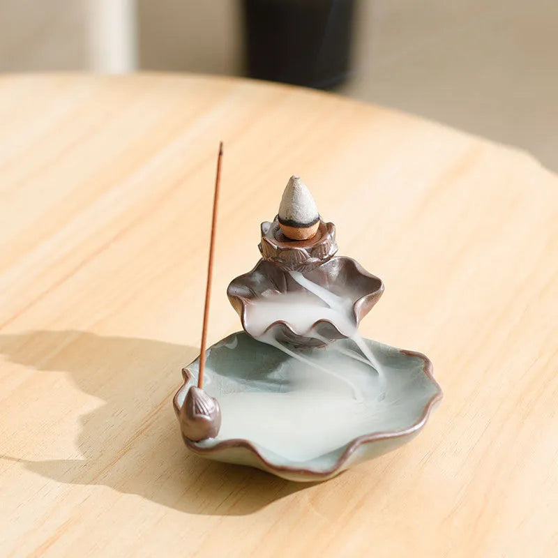 Ceramic reverse flow incense burner with purple clay construction and crystal glaze finish