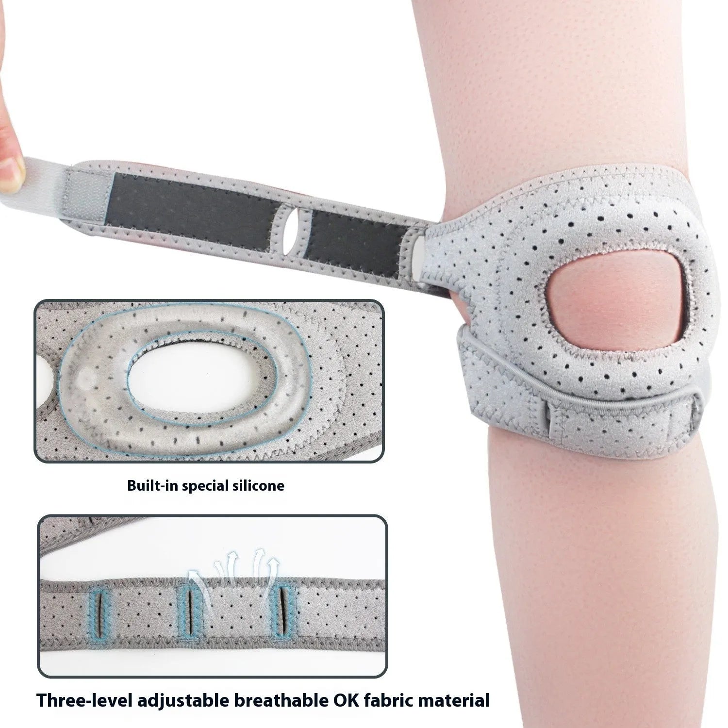 Black four-fork patella support knee pad for running and skipping rope, adult size