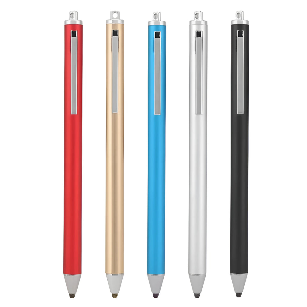 Fine-tip metal stylus pen for touch screens in black, silver, red, blue, gold, pink, and grey.