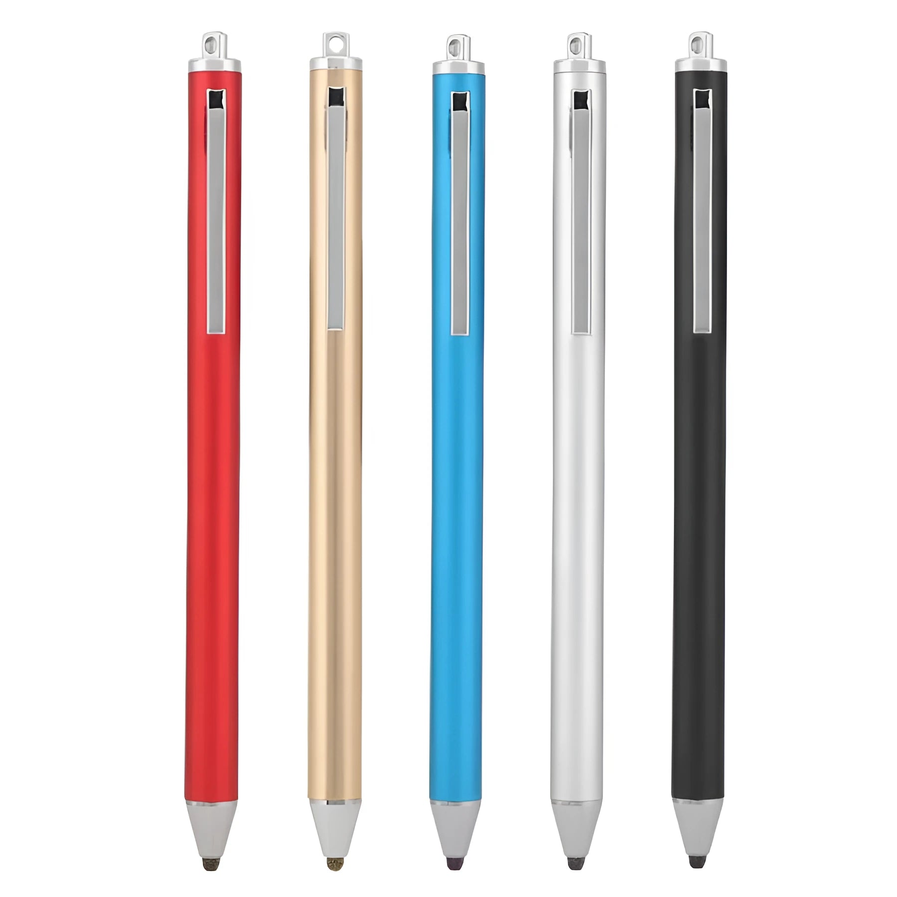 Fine-tip metal stylus pen for touch screens in black, silver, red, blue, gold, pink, and grey.