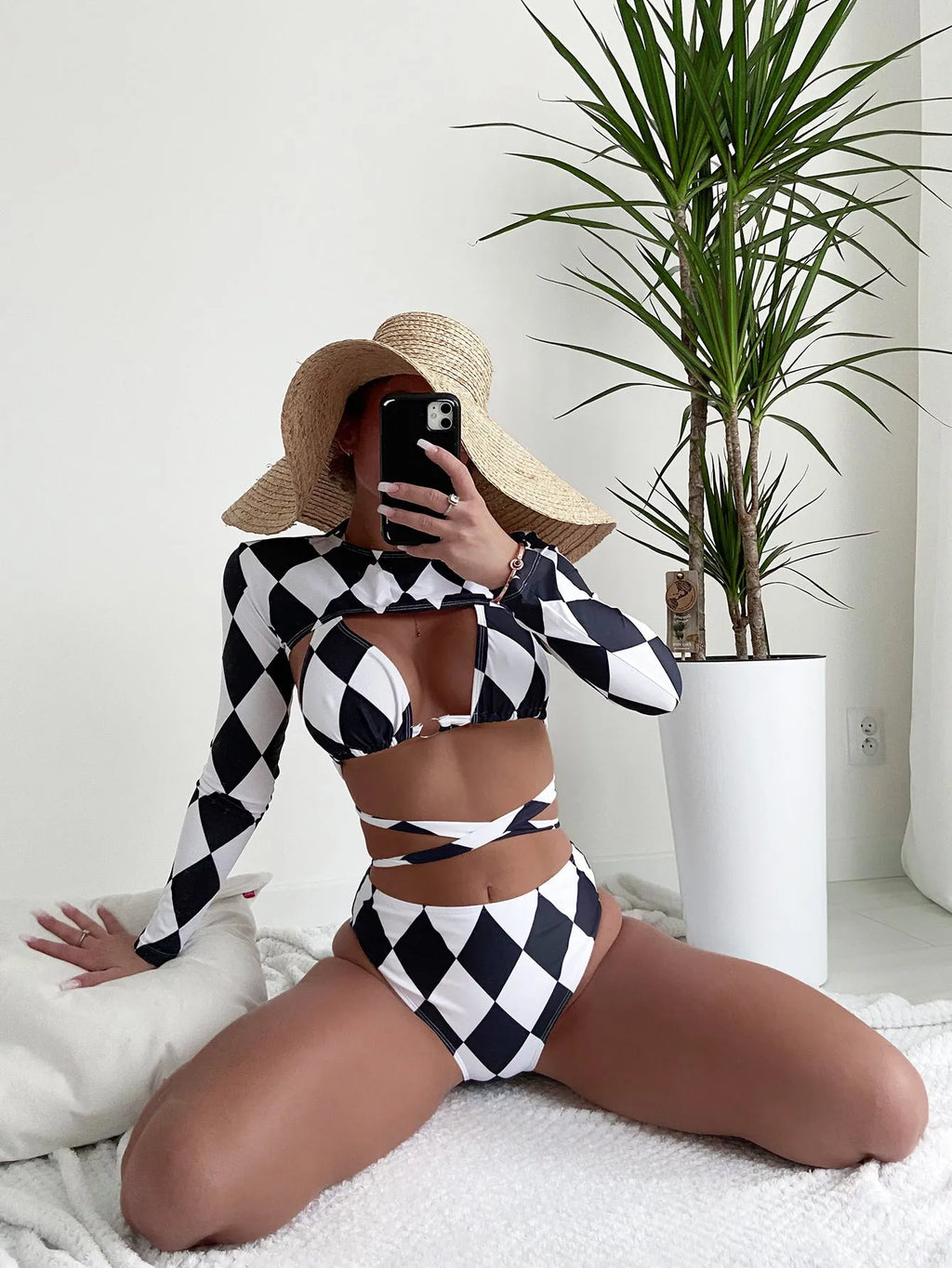 Women's plaid polyester three-piece swim set with long sleeve bikini top