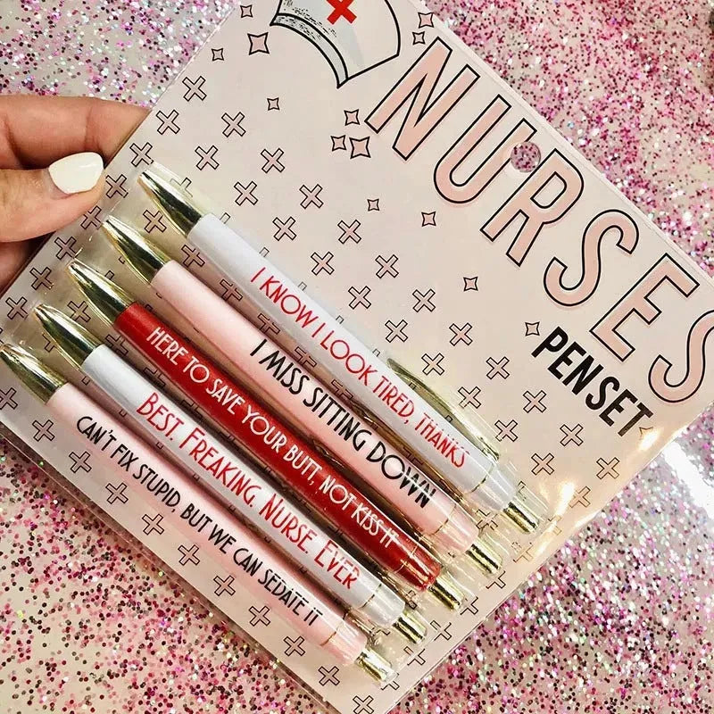 Set of five nurse-themed retractable ballpoint pens with medical designs showing plastic construction