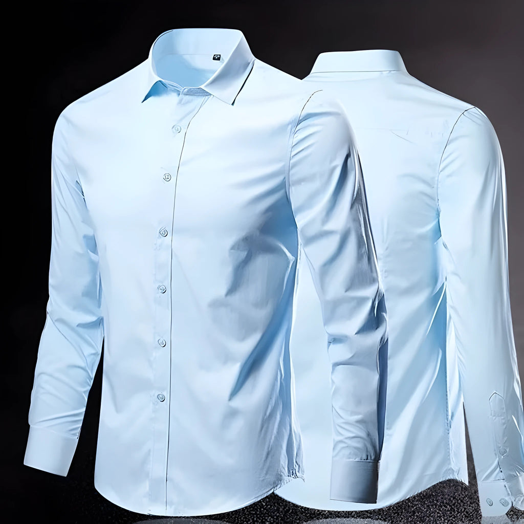 Men's slim fit long-sleeve linen shirt on a hanger, available in multiple colours and sizes up to 5XL.
