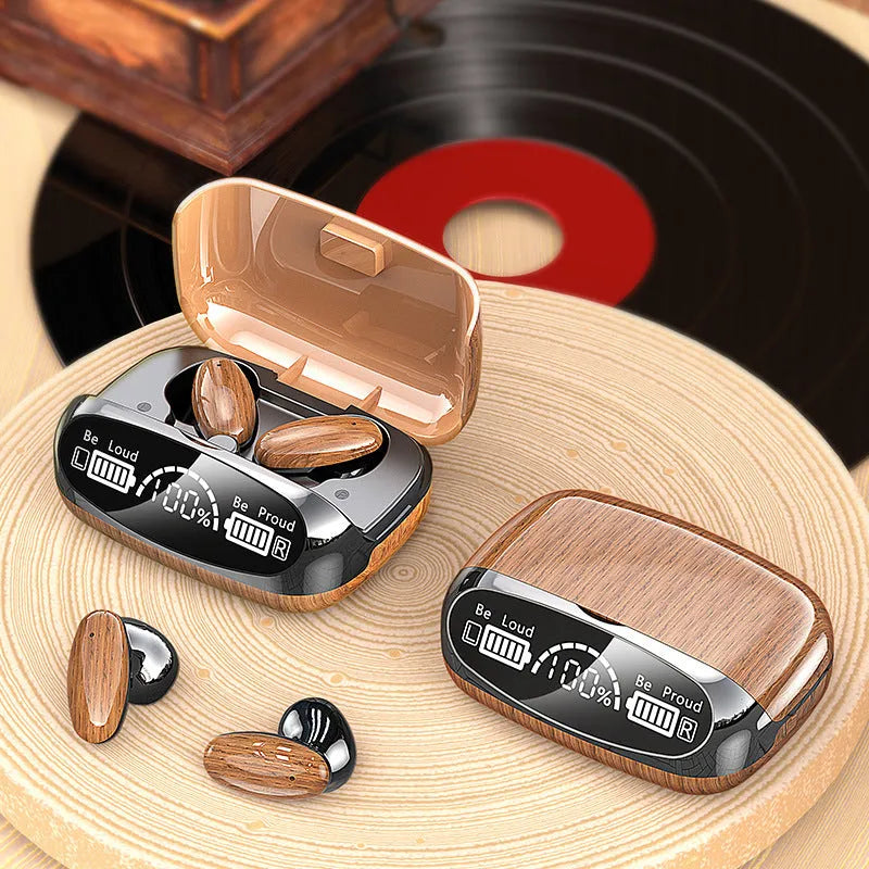 M35 Wood Grain Bluetooth wireless earbuds and charging case with power display