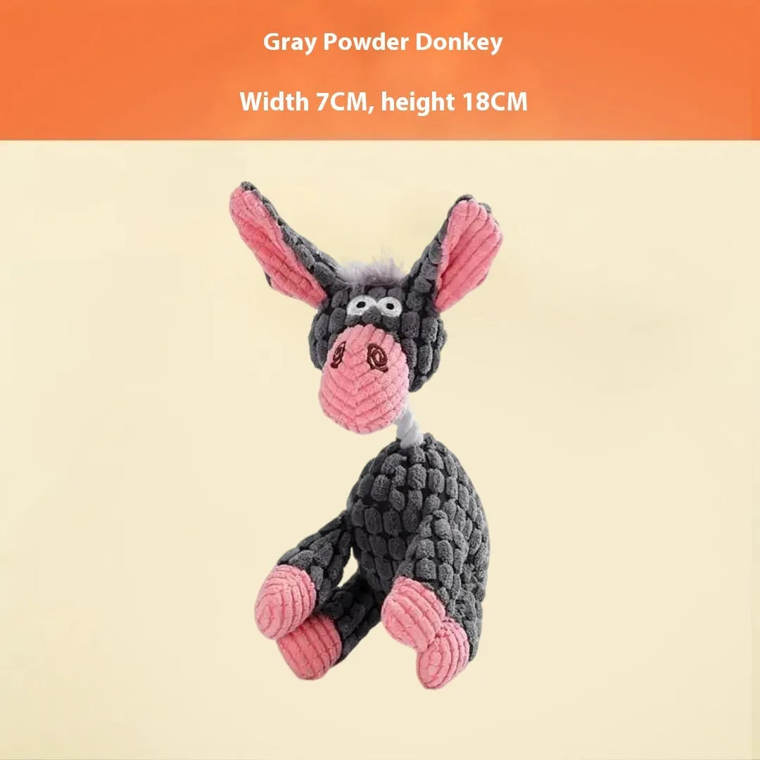 Selection of plush pet toys including donkey, rechargeable duck, elephant and dog styles