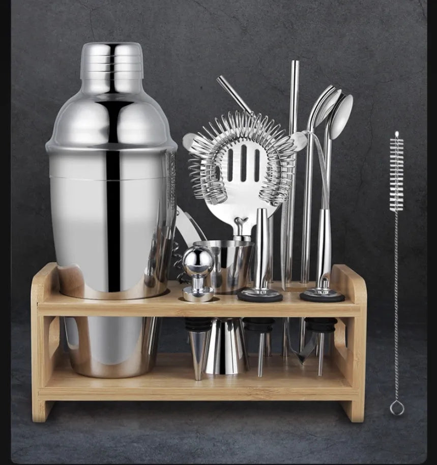 European-style 23-piece stainless steel cocktail set with bar tools for home mixing