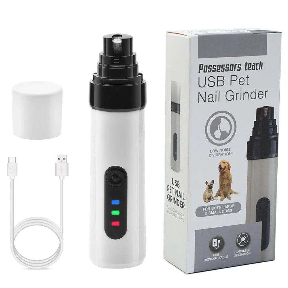 Electric dog nail grinder with LCD screen showing speed settings, UK plug, and dust collection port.