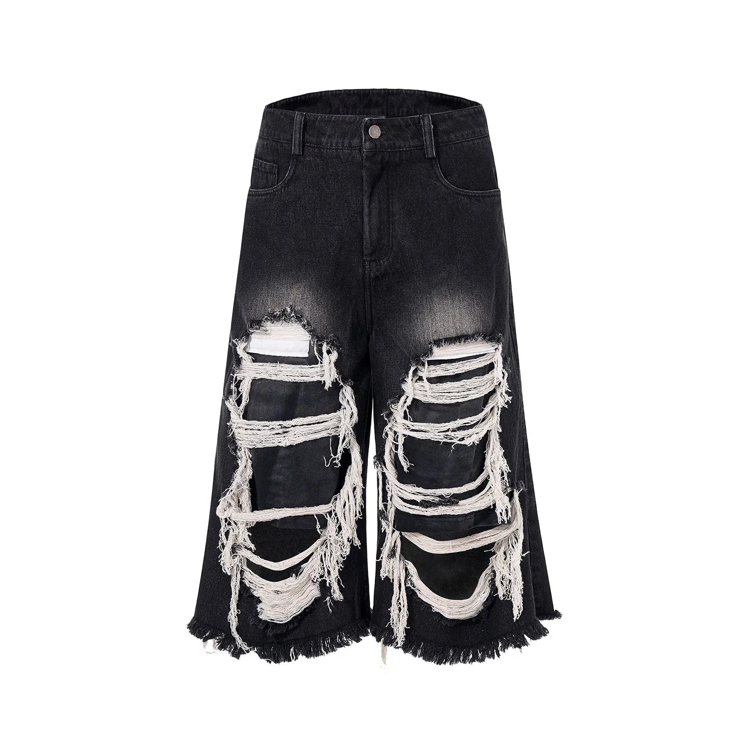 Woman wearing black cropped wide-leg jeans with a mid-high waist and ripped patchwork details