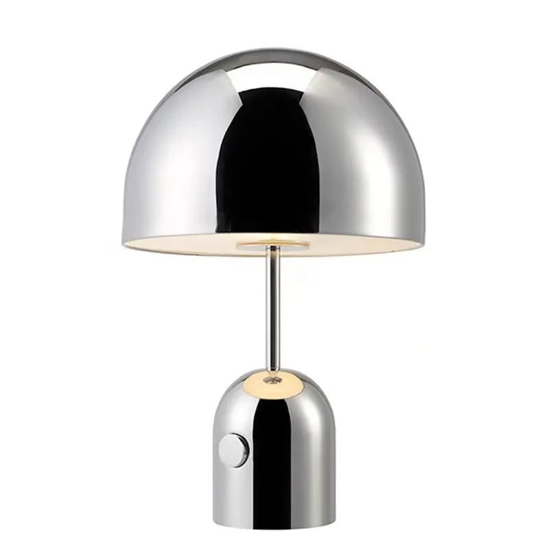 Mushroom-shaped table lamp with a metal base in rose gold finish