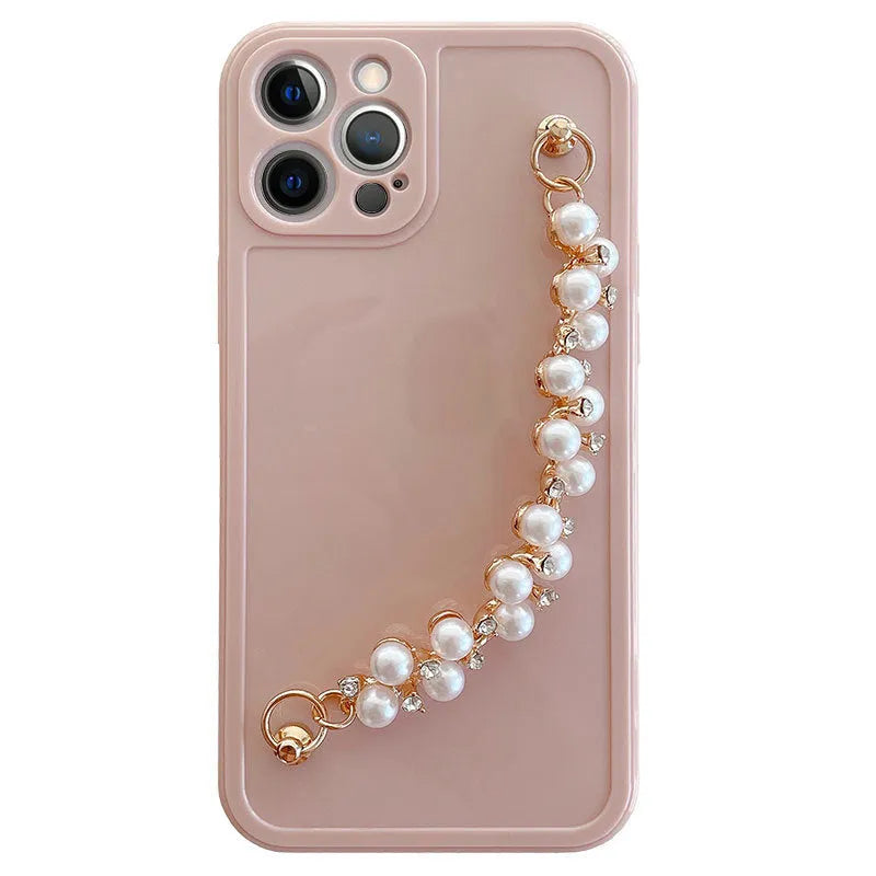 Rhinestone pearl bracelet phone case for iPhone 12 Pro Max, soft silicone, pink white, female style
