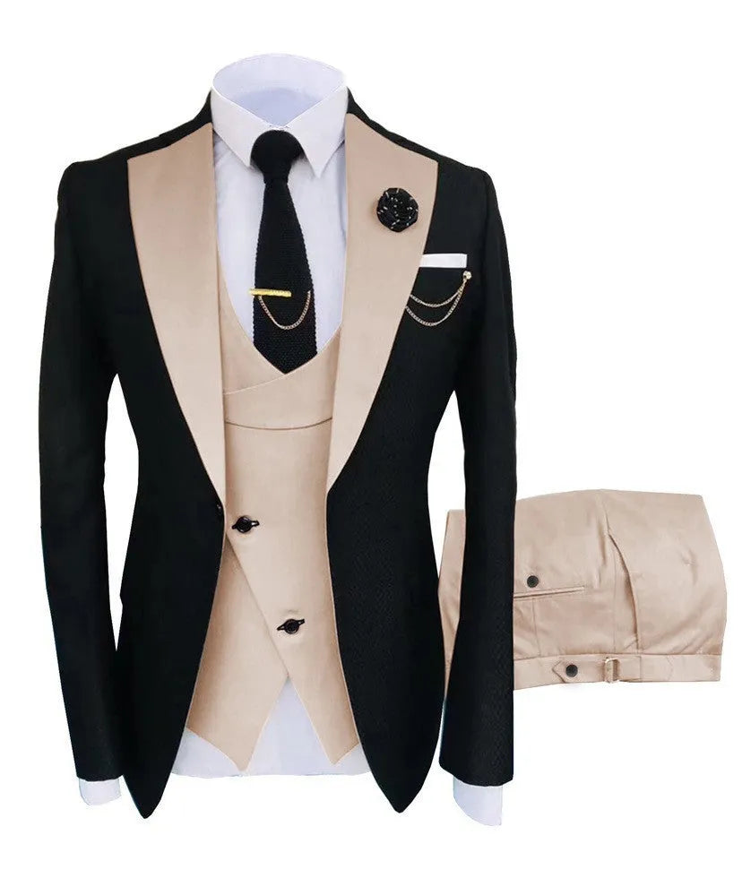 Men's slim fit three-piece business suit in black with vest coat and trousers for formal occasions