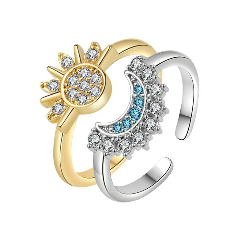 Sun and moon diamond-studded alloy couple ring set with geometric shape for lovers
