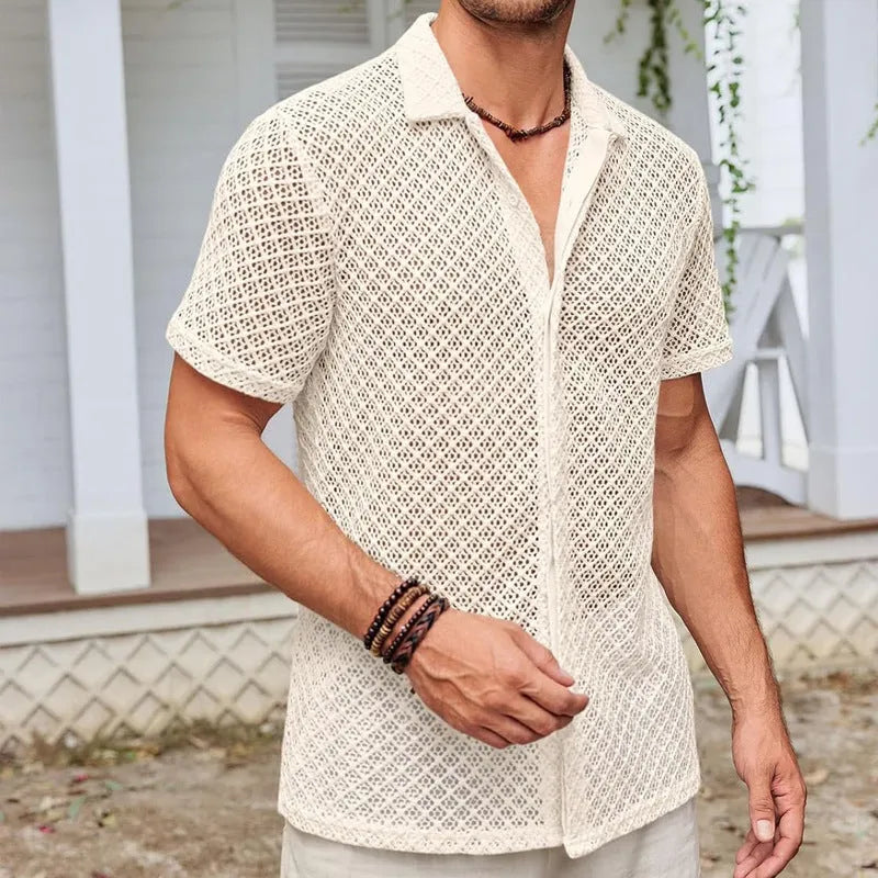 Men's short sleeve lapel cardigan shirt in cotton blend fabric