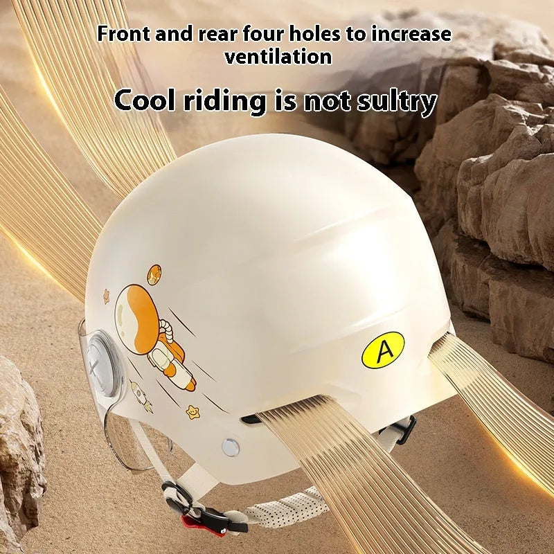 Khaki coloured motorcycle half helmet with a long visor on a solid background.