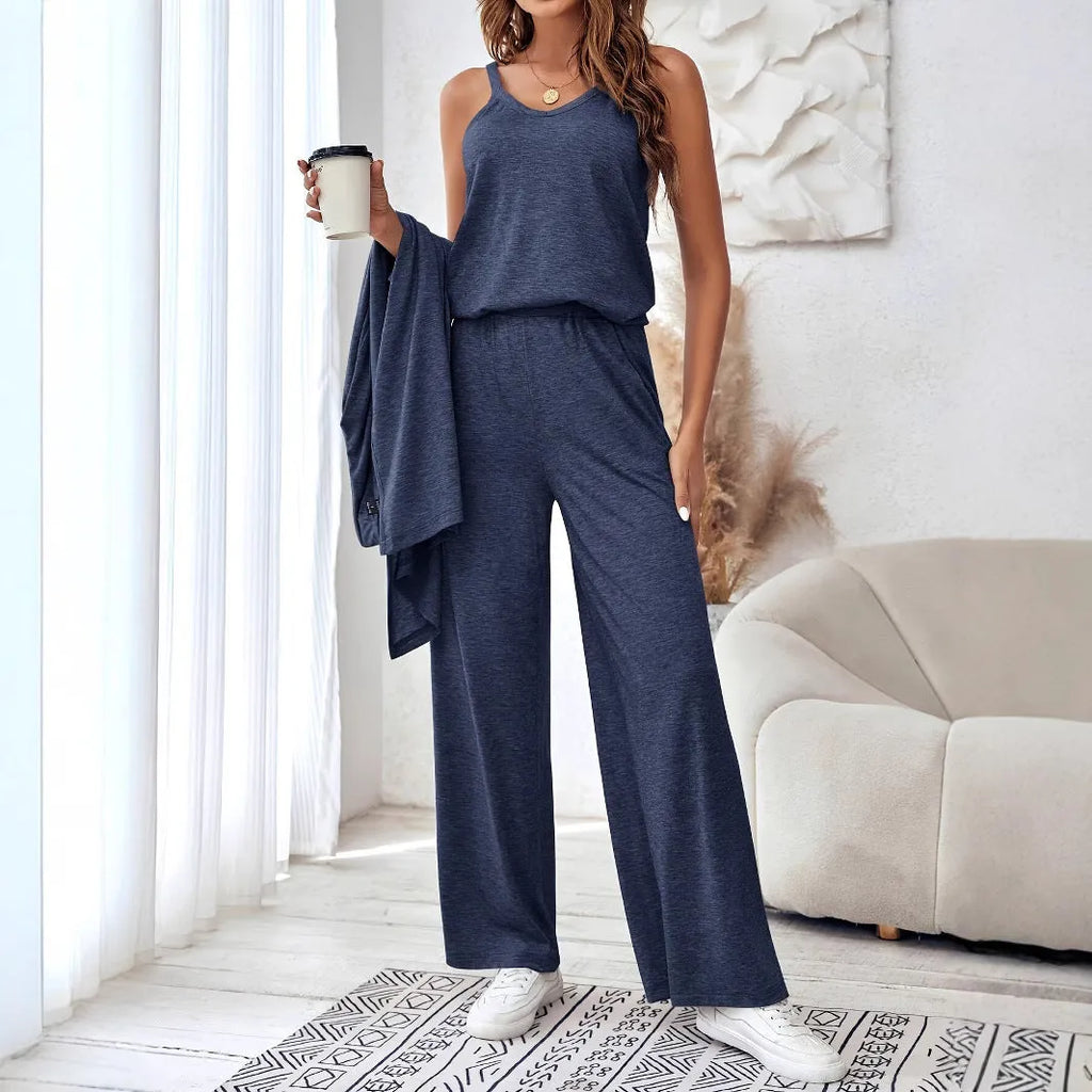 Blue women's three-piece casual suit with sling top, cardigan, and trousers