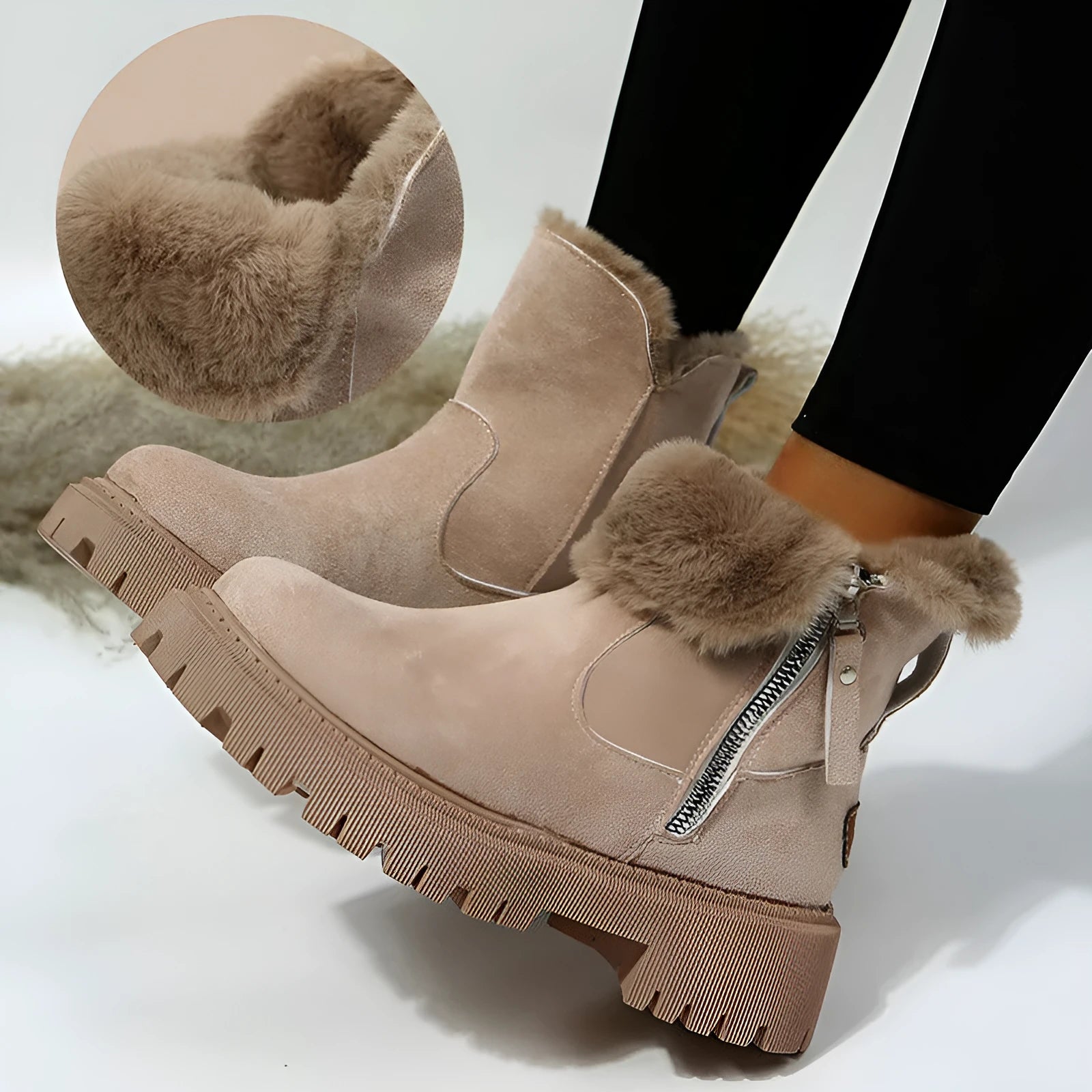 Women's black faux suede high-top snow boots with side zipper and thick plush lining.