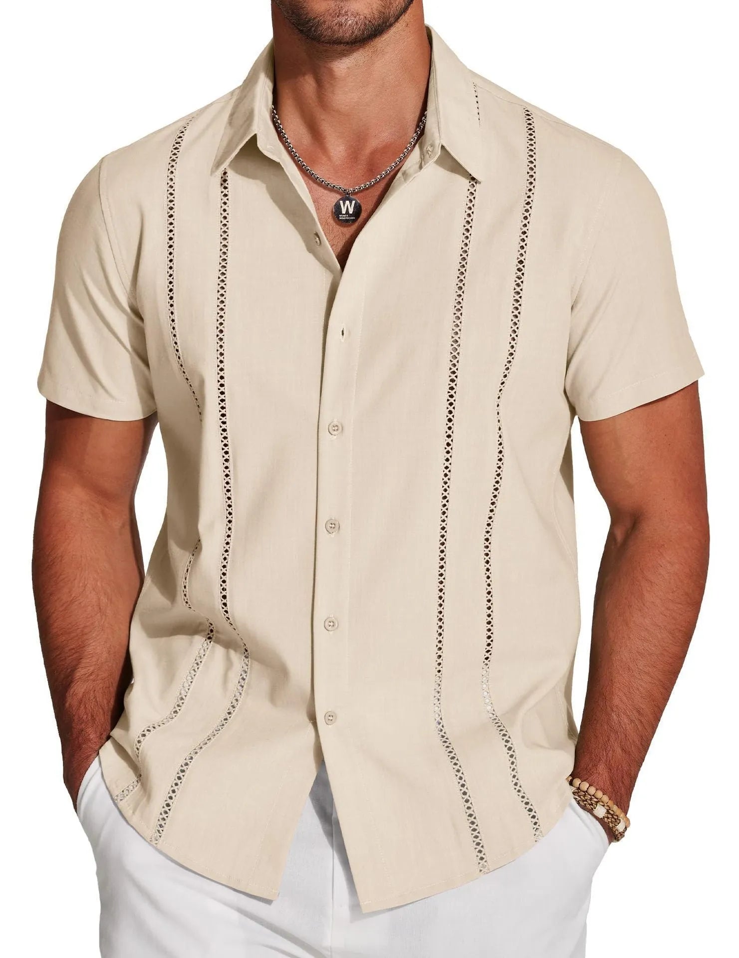 Men's slim-fit elastic Hawaiian shirt with digital print pattern in casual cardigan style