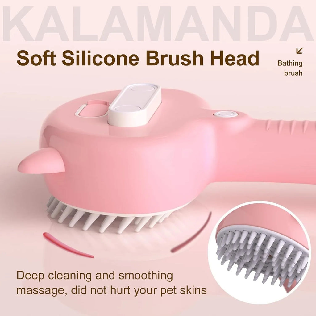 Cat steam brush with blue handle, rubber bristles, and release button for pet grooming