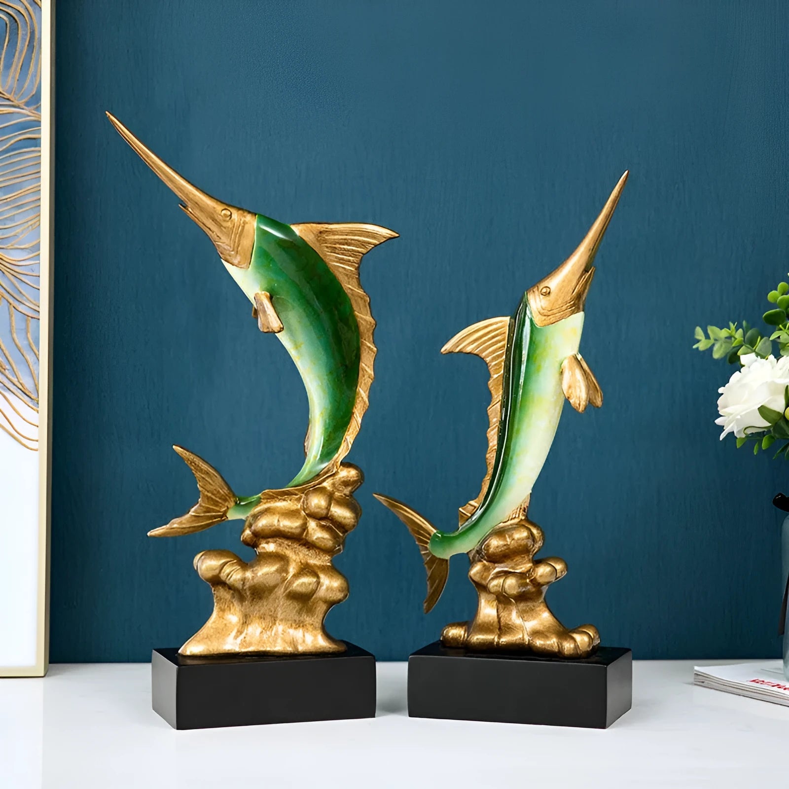 European-style resin swordfish decorative ornament on display in selected colour.