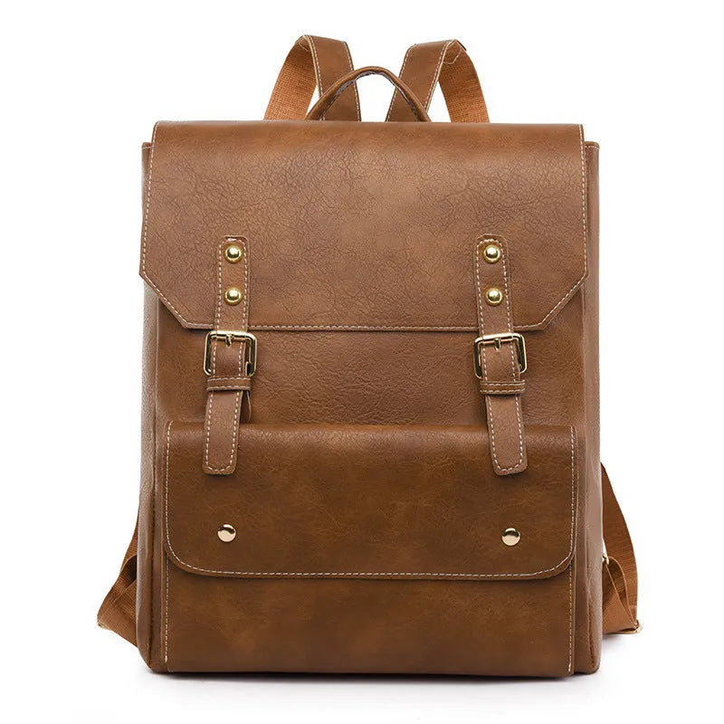 Korean style soft PU retro backpack shown in black, brown, creamy white, and dark brown colours.