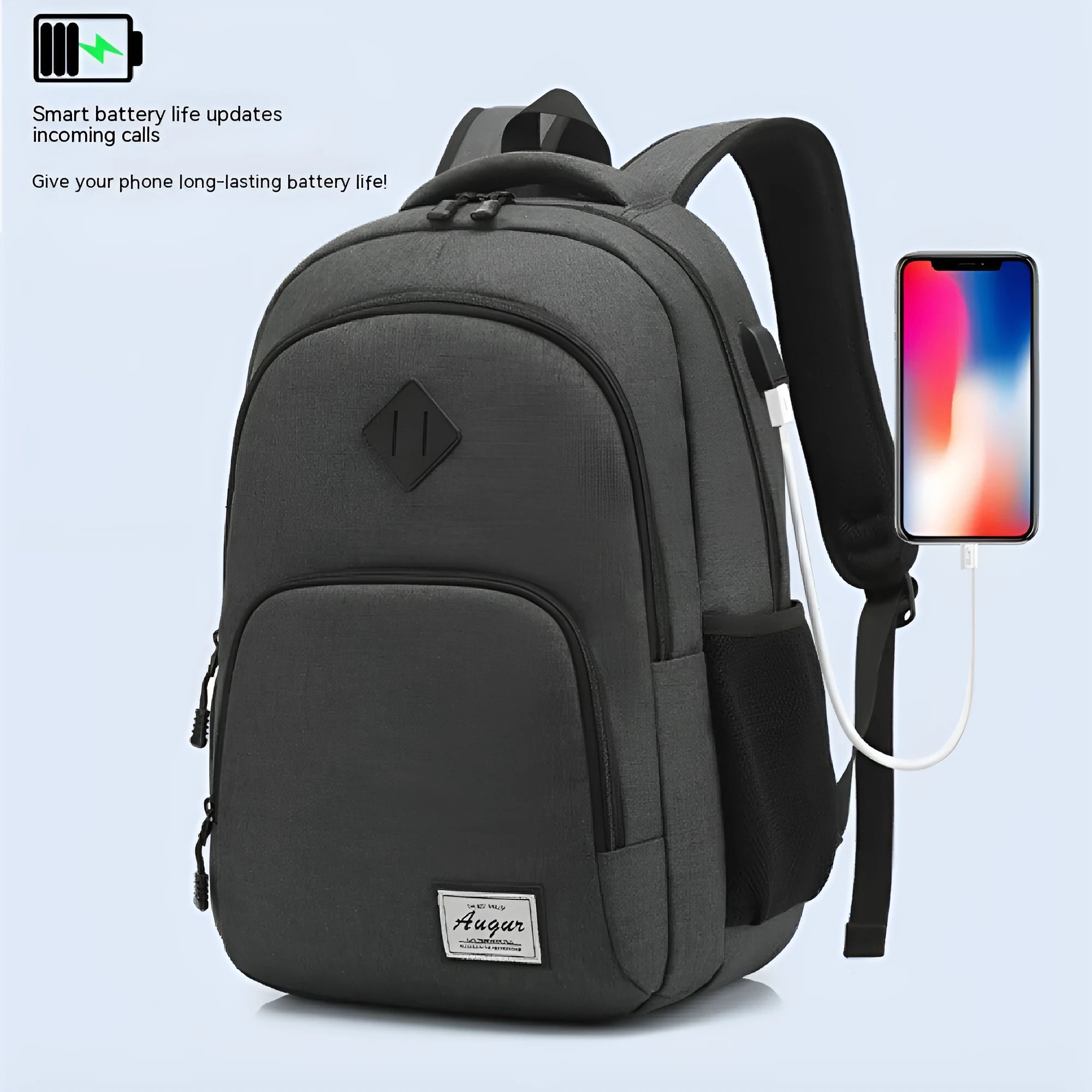Lightweight nylon backpack with USB charging interface in various grey and black colour options