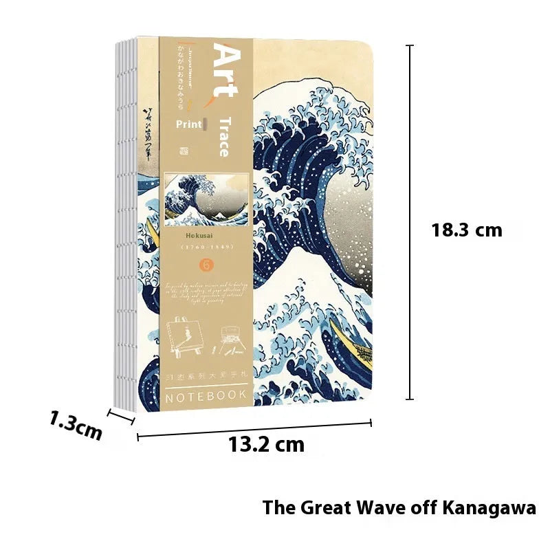 Ukiyo-e art hand ledger notebook showing Kanagawa surfing village retro cover design