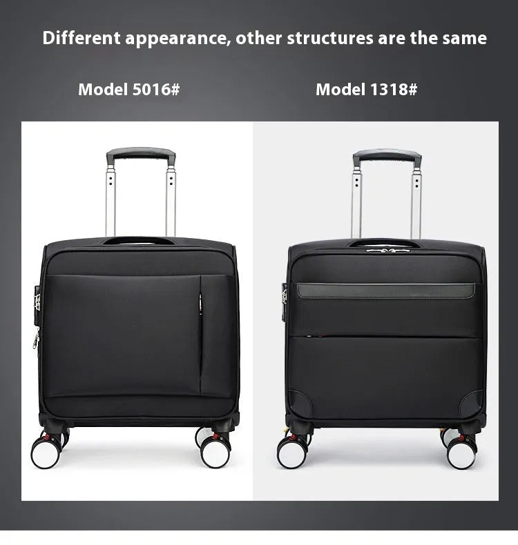 Black 18 inch Oxford cloth carry-on suitcase with retractable handle and universal wheels