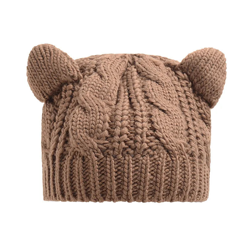 Hand made knitted cat ear beanie in winter colours with 3D design