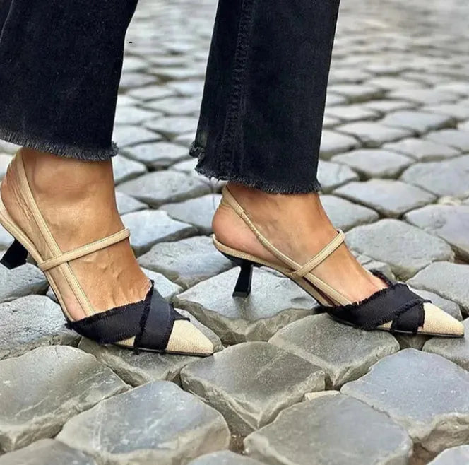 Women's apricot black colour block pointed toe sandals with buckle and stiletto heel.