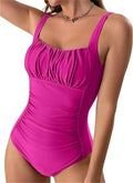 Square neck one-piece swimsuit in solid colour with pleated design for women summer beach vacation