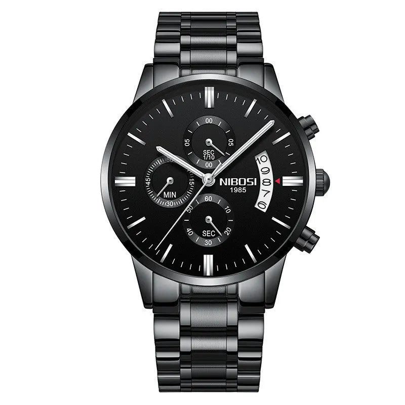 Men's watch with 43mm dial diameter, 11mm thickness, 22mm strap, quartz movement, stainless steel case