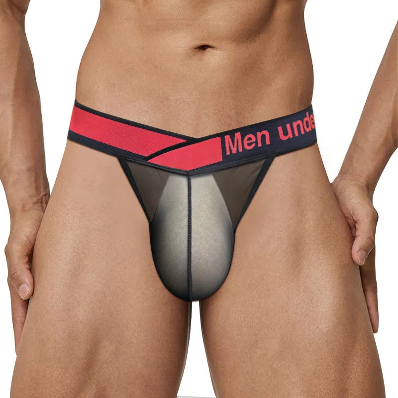 Men's transparent ice silk underwear with large V gradient high fork design in black colour