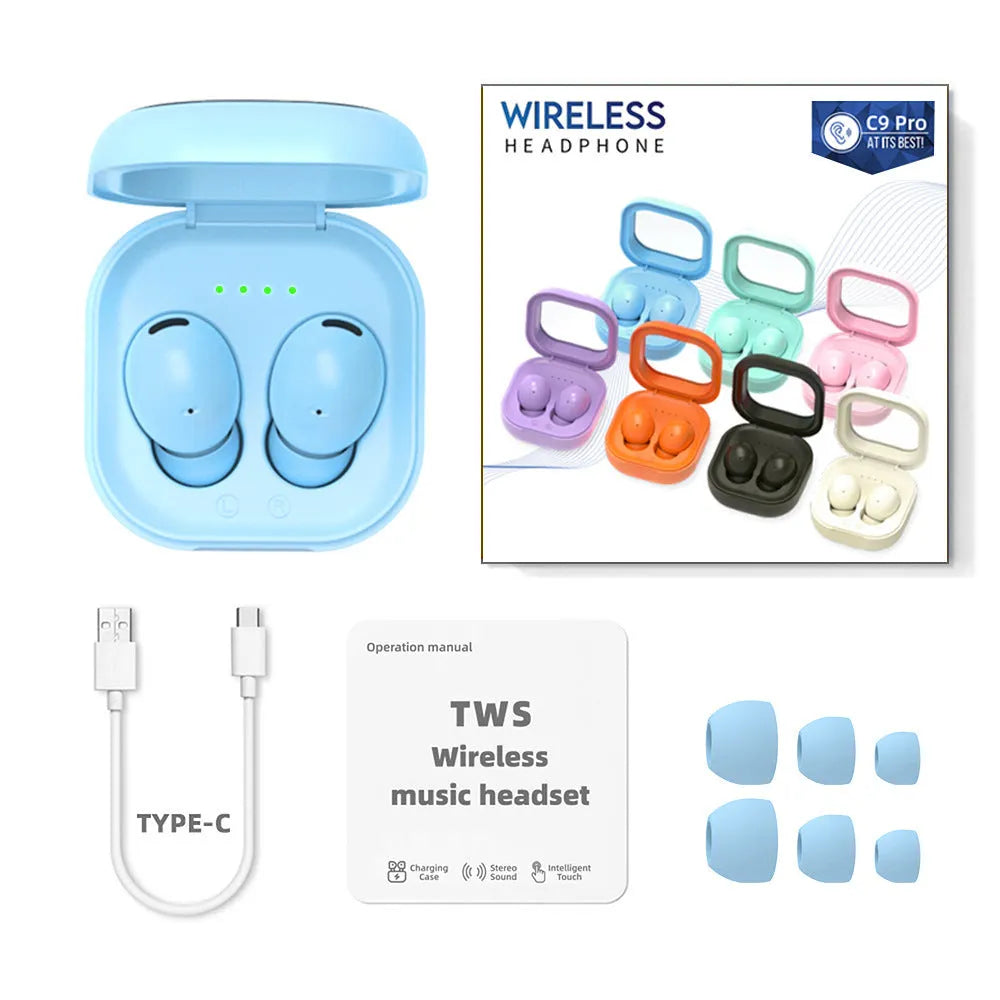 C9 Pro Bluetooth headset with translucent charging bin in a colour option