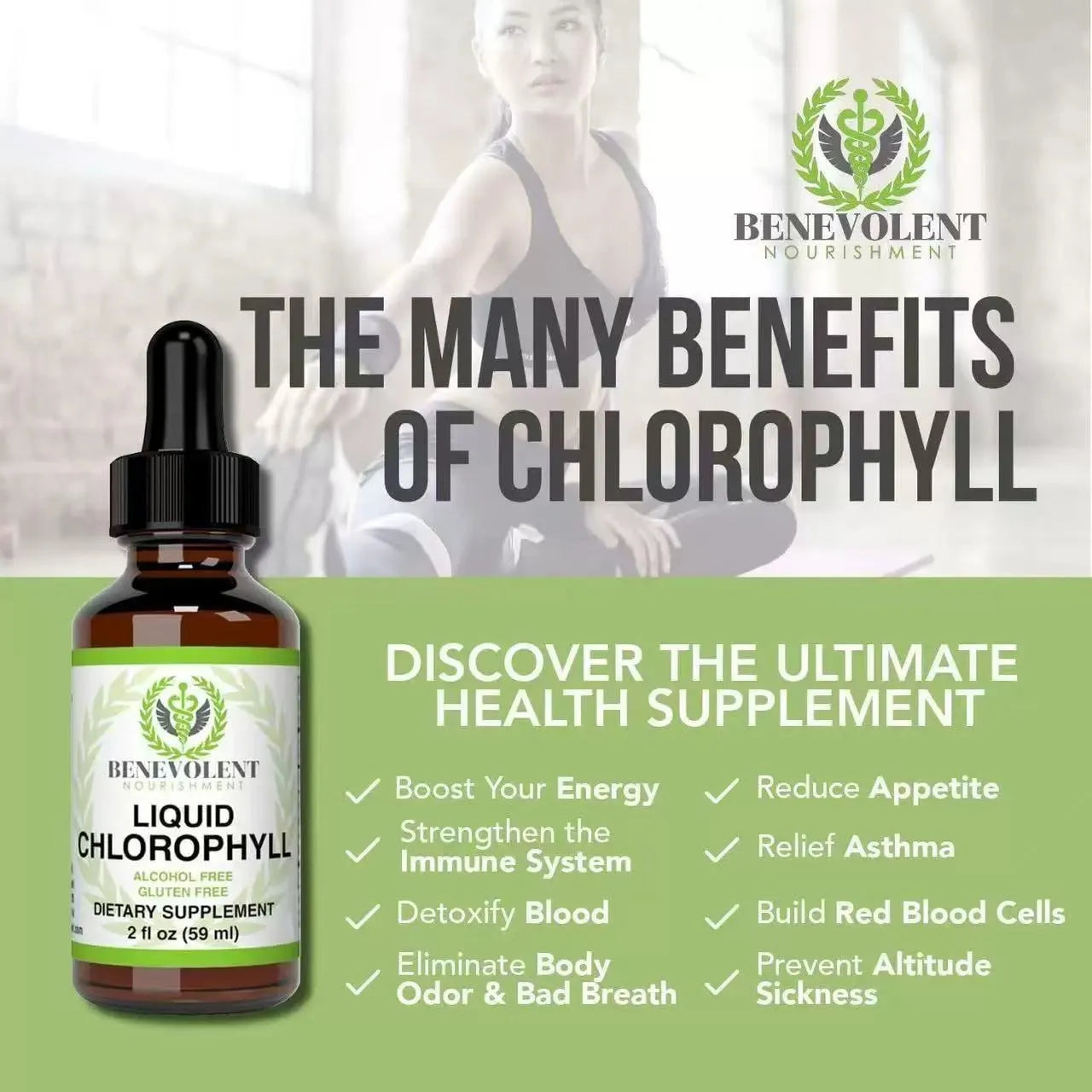 60ml bottle of natural liquid chlorophyll drops for adults with integrated dropper.