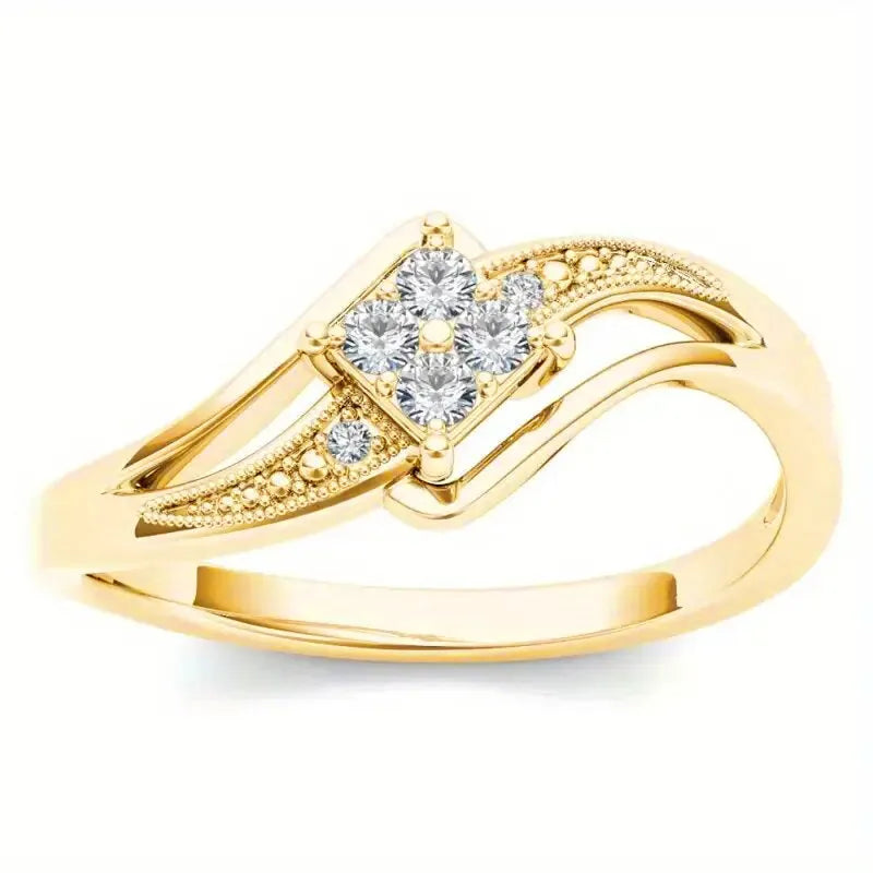 Women's yellow gold coloured copper diamond ring with micro-inlaid zircon geometric design