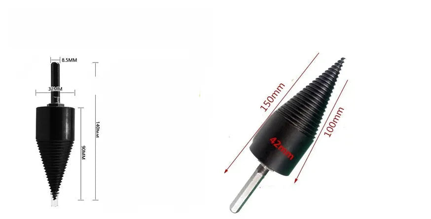 Hardened steel hexagonal firewood splitting drill bit with cone tip, shown in 32mm and 42mm sizes.