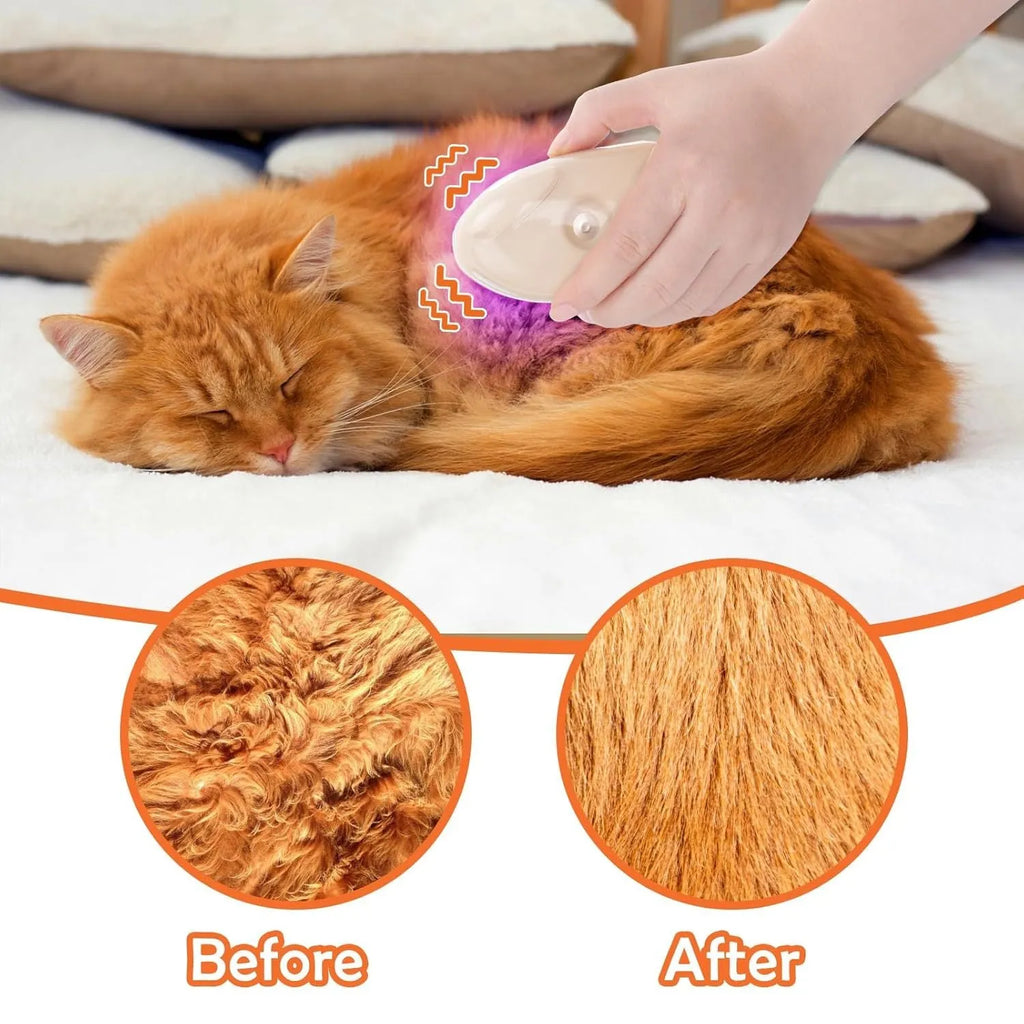Yellow 4-in-1 cat steam brush with silicone teeth, water tank, and UV ringworm detector lamp