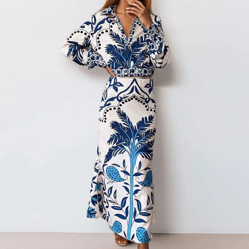 Women's early spring casual outfit set with long sleeve top and long skirt in picture colour.