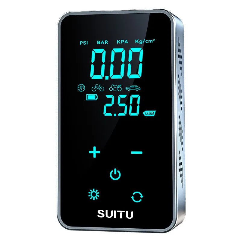Wireless car tyre inflator with digital LCD screen showing pressure reading