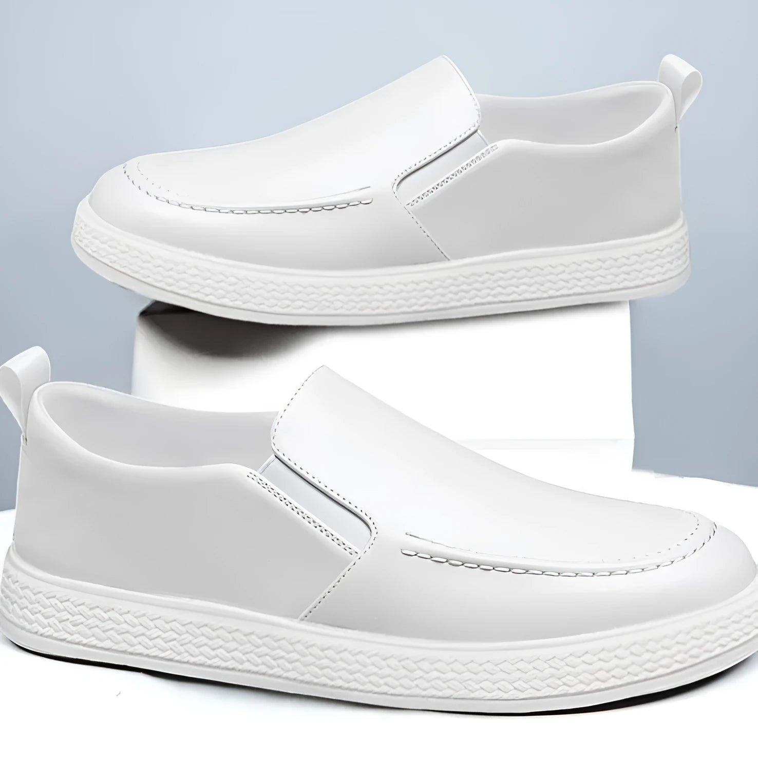 Men's slip-on kitchen working shoes with black with white bottom colour, artificial pu upper, round toe, flat heel