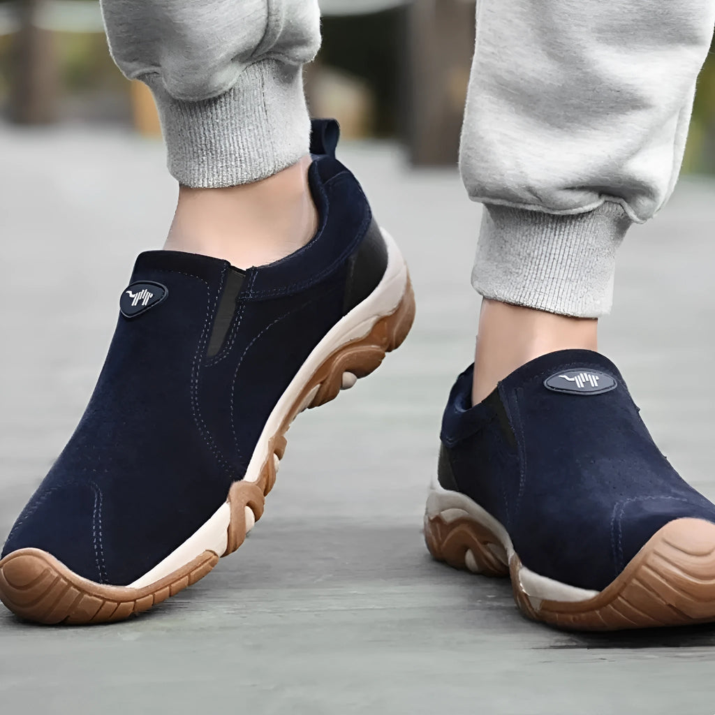 Men's plus size suede casual shoes with soft rubber sole, shown in grey.