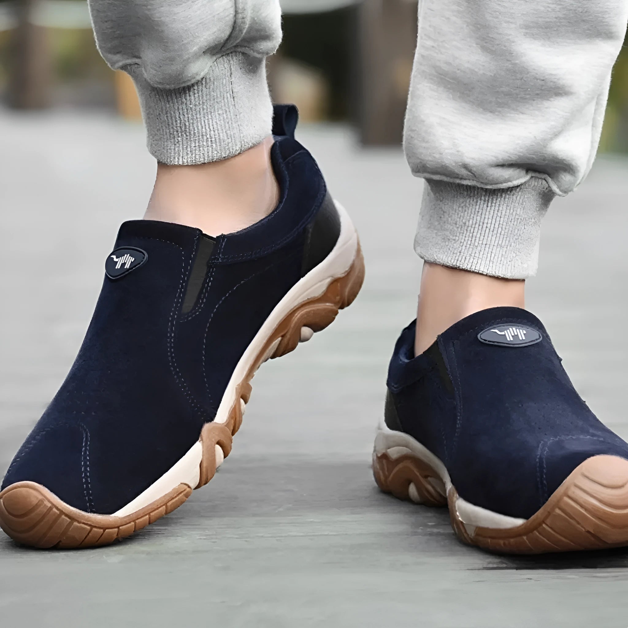 Men's plus size suede casual shoes with soft rubber sole, shown in grey.