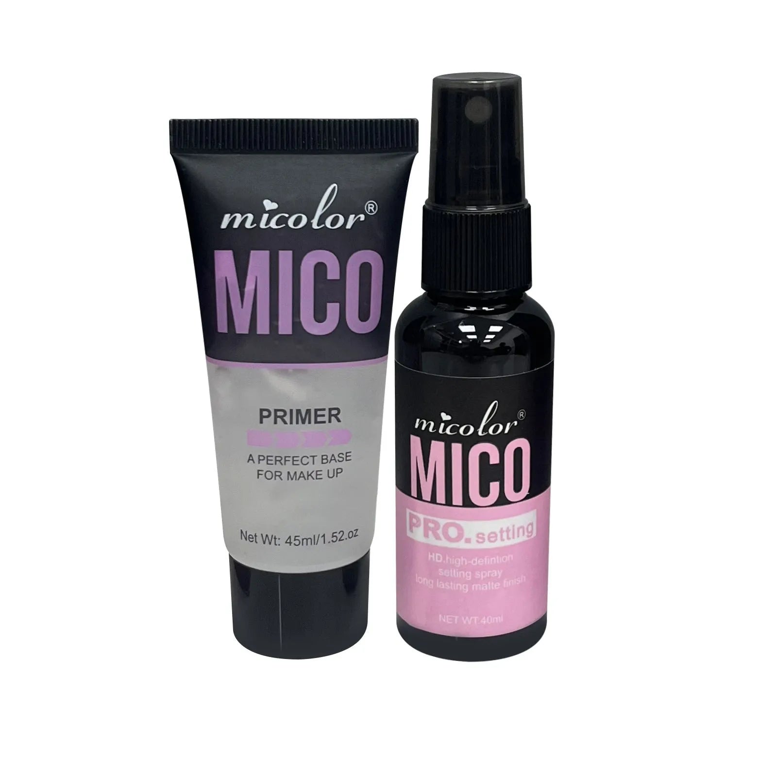 Makeup primer and finishing spray two-in-one system with 45ml and 40ml monochrome bottles