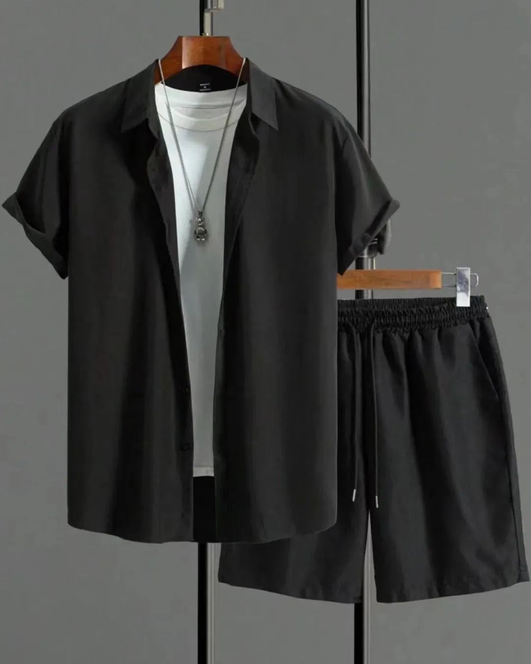 Jacquard fabric short-sleeve suit set with matching trousers in black, white, grey or beige