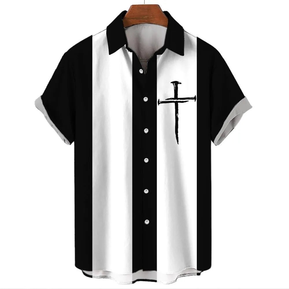 Man wearing a blue and white striped Hawaiian style short sleeve button-down shirt.