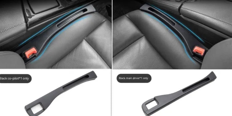 Black plastic car seat gap storage organiser box with handle inserted between car seat and centre console.